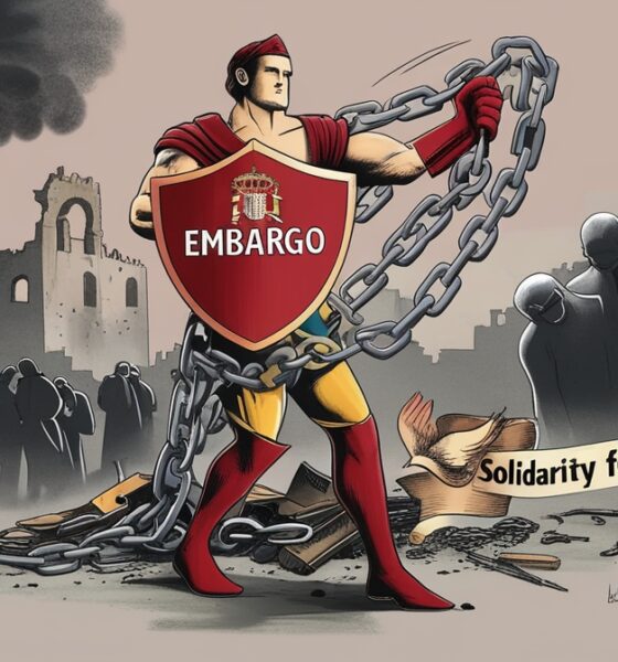 Ilustrasi dramatis sosok Spanyol teguh memecah rantai senjata, berdiri di depan puing Gaza dan asap. Figur Eropa samar berbisik di latar belakang, sementara burung merpati terluka dan spanduk "Solidaritas untuk Palestina" menambah kedalaman simbolis. Warna merah tua, abu-abu, dan emas pudar memperkuat suasana kelam.