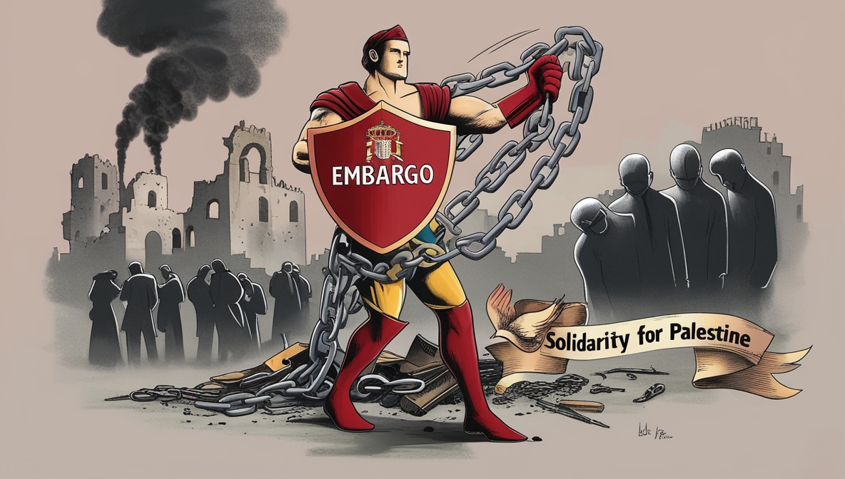 Ilustrasi dramatis sosok Spanyol teguh memecah rantai senjata, berdiri di depan puing Gaza dan asap. Figur Eropa samar berbisik di latar belakang, sementara burung merpati terluka dan spanduk "Solidaritas untuk Palestina" menambah kedalaman simbolis. Warna merah tua, abu-abu, dan emas pudar memperkuat suasana kelam.