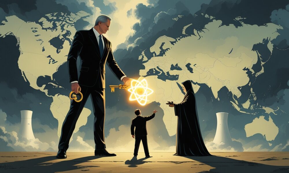 Editorial illustration showing Western hypocrisy over nuclear power with Iran seeking peaceful energy and Israel hiding a warhead