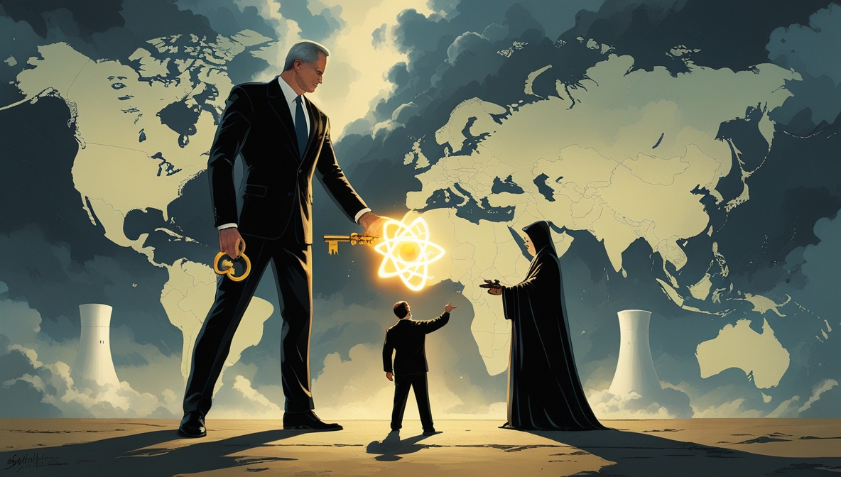 Editorial illustration showing Western hypocrisy over nuclear power with Iran seeking peaceful energy and Israel hiding a warhead