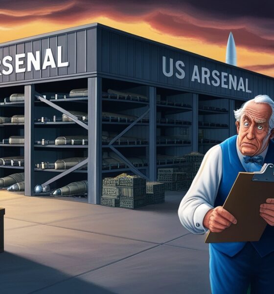 Ilustrasi editorial gudang senjata AS yang kosong dengan siluet Ukraina dan Israel di kejauhan.