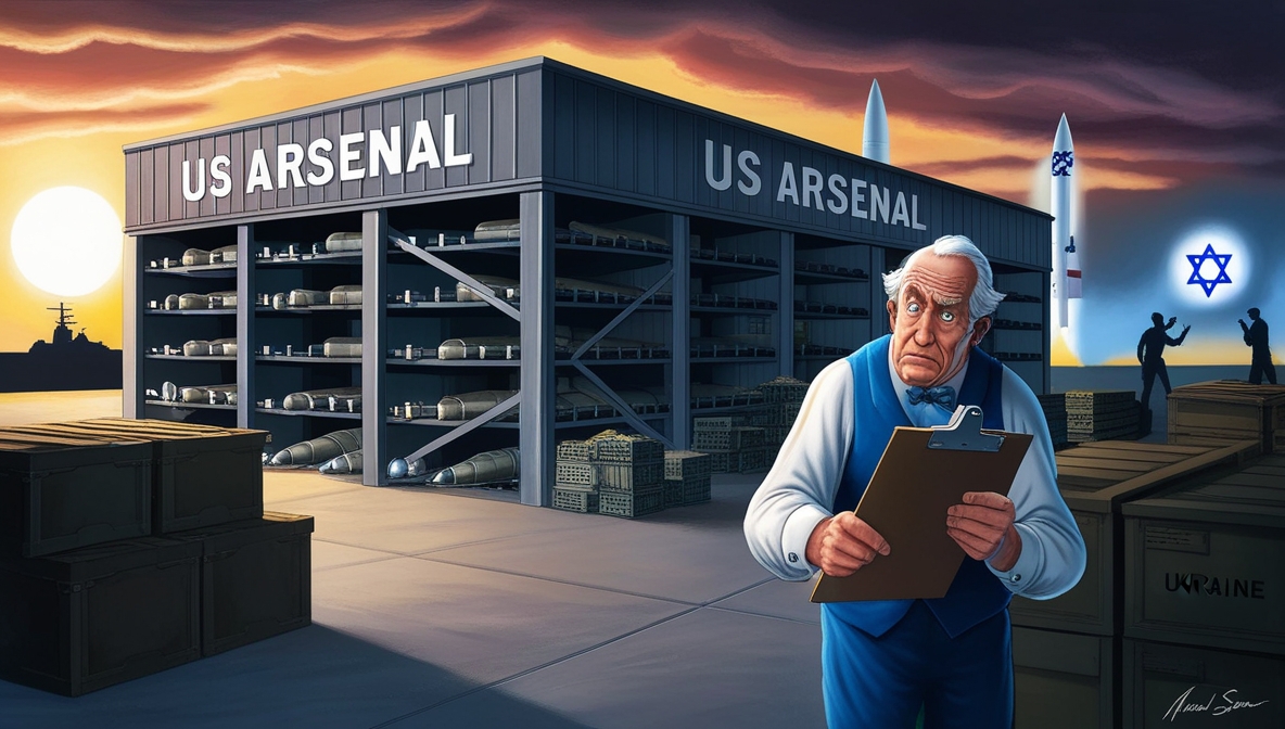 Ilustrasi editorial gudang senjata AS yang kosong dengan siluet Ukraina dan Israel di kejauhan.