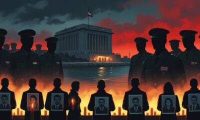 Gedung pemerintahan Suriah di tepi laut dengan bayangan gelap militer tanpa wajah dan warga sipil membawa potret korban serta lilin menyala, langit memerah seperti senja berdarah.