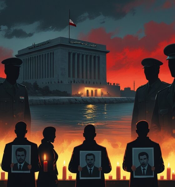 Gedung pemerintahan Suriah di tepi laut dengan bayangan gelap militer tanpa wajah dan warga sipil membawa potret korban serta lilin menyala, langit memerah seperti senja berdarah.