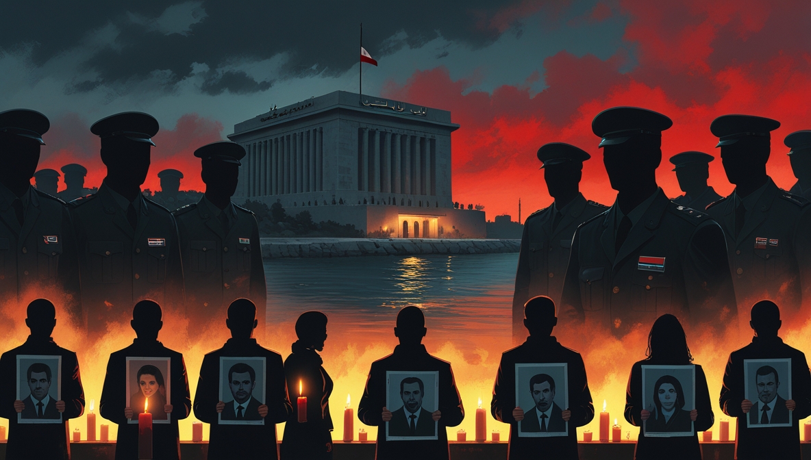 Gedung pemerintahan Suriah di tepi laut dengan bayangan gelap militer tanpa wajah dan warga sipil membawa potret korban serta lilin menyala, langit memerah seperti senja berdarah.