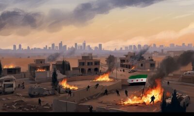 Ilustrasi editorial bergaya dramatis menampilkan kota Hama yang dilanda perang dengan langit kelabu penuh asap, rumah-rumah terbakar, militan bersenjata menjarah, dan warga sipil melarikan diri. Di latar belakang, bendera Suriah versi Baath—garis merah-putih-hitam dengan dua bintang hijau—terlihat sobek di antara puing. Siluet seorang politisi berjas di panggung PBB melempar bayangan sosok militan, melambangkan janji inklusivitas yang gagal.