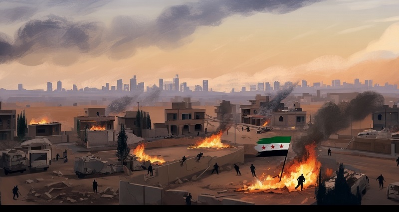 Ilustrasi editorial bergaya dramatis menampilkan kota Hama yang dilanda perang dengan langit kelabu penuh asap, rumah-rumah terbakar, militan bersenjata menjarah, dan warga sipil melarikan diri. Di latar belakang, bendera Suriah versi Baath—garis merah-putih-hitam dengan dua bintang hijau—terlihat sobek di antara puing. Siluet seorang politisi berjas di panggung PBB melempar bayangan sosok militan, melambangkan janji inklusivitas yang gagal.