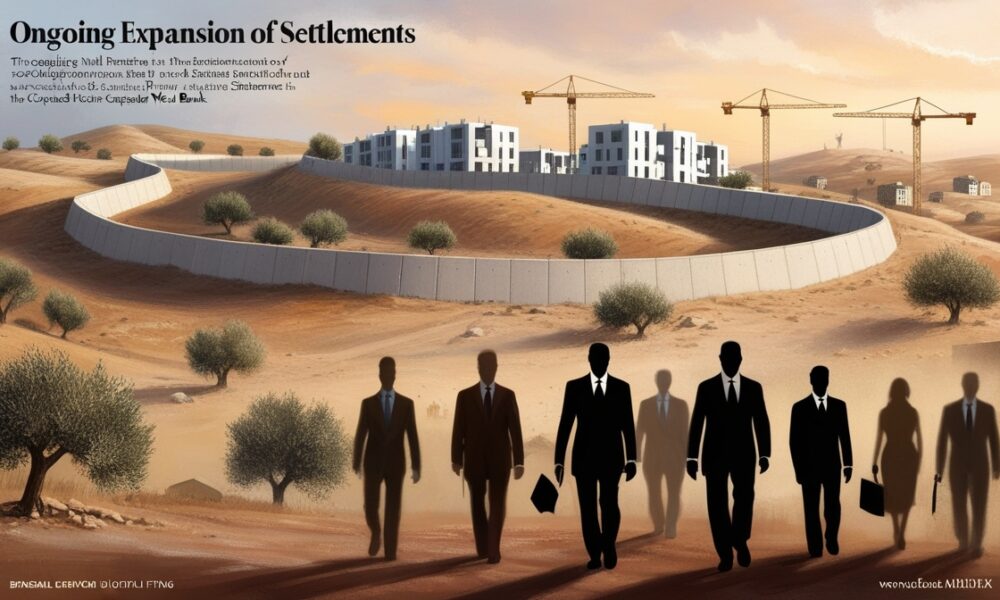 Ilustrasi editorial menampilkan tembok pemisah Tepi Barat dan pembangunan permukiman baru dengan bayangan samar pebisnis dan diplomat asing di latar depan.