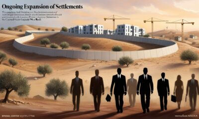 Ilustrasi editorial menampilkan tembok pemisah Tepi Barat dan pembangunan permukiman baru dengan bayangan samar pebisnis dan diplomat asing di latar depan.