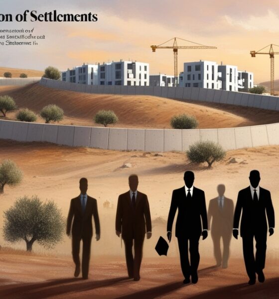 Ilustrasi editorial menampilkan tembok pemisah Tepi Barat dan pembangunan permukiman baru dengan bayangan samar pebisnis dan diplomat asing di latar depan.