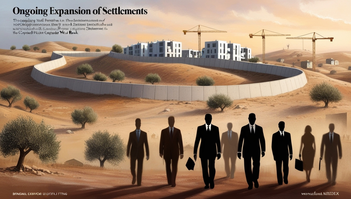 Ilustrasi editorial menampilkan tembok pemisah Tepi Barat dan pembangunan permukiman baru dengan bayangan samar pebisnis dan diplomat asing di latar depan.