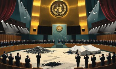 “Ilustrasi editorial satu adegan: aula Sidang Umum PBB berubah menjadi panggung teater yang lantainya menyatu dengan reruntuhan Gaza, pemimpin dunia bertepuk tangan di atas puing-puing dan pengungsi.