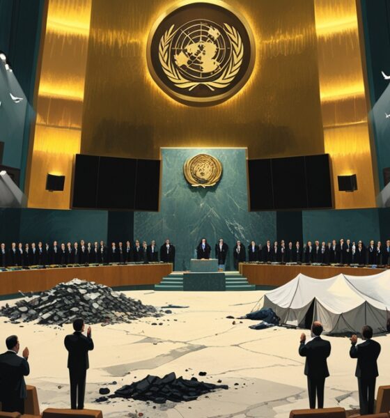 “Ilustrasi editorial satu adegan: aula Sidang Umum PBB berubah menjadi panggung teater yang lantainya menyatu dengan reruntuhan Gaza, pemimpin dunia bertepuk tangan di atas puing-puing dan pengungsi.