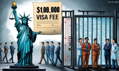 Ilustrasi satir kebijakan visa H-1B Trump menutup pintu talenta global dengan patung Liberty memegang tagihan besar.