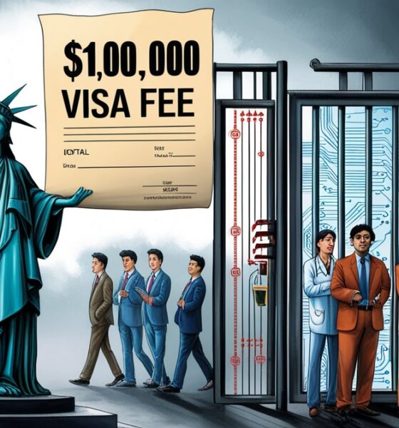 Ilustrasi satir kebijakan visa H-1B Trump menutup pintu talenta global dengan patung Liberty memegang tagihan besar.