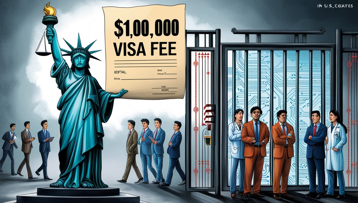 Ilustrasi satir kebijakan visa H-1B Trump menutup pintu talenta global dengan patung Liberty memegang tagihan besar.