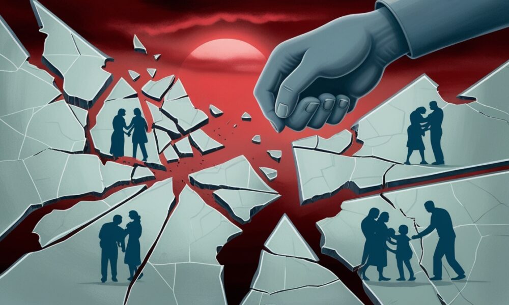 Ilustrasi peta Gaza retak seperti kaca, dengan bayangan tangan besar mencoba memecahnya, simbol ancaman Israel dan perlawanan keluarga Gaza.