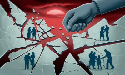 Ilustrasi peta Gaza retak seperti kaca, dengan bayangan tangan besar mencoba memecahnya, simbol ancaman Israel dan perlawanan keluarga Gaza.