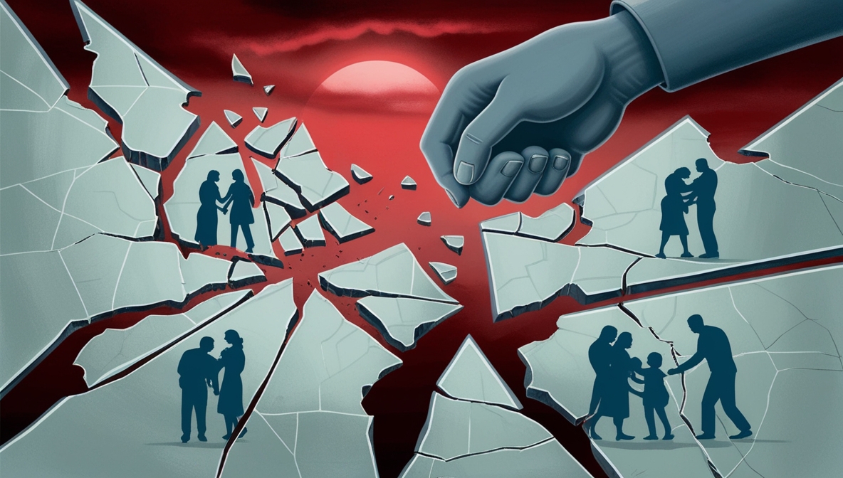 Ilustrasi peta Gaza retak seperti kaca, dengan bayangan tangan besar mencoba memecahnya, simbol ancaman Israel dan perlawanan keluarga Gaza.