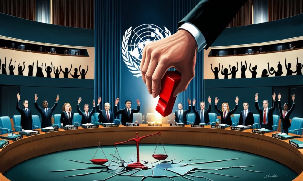 Ilustrasi editorial Dewan Keamanan PBB, satu tangan besar memegang cap veto merah menghalangi burung merpati perdamaian, melambangkan kegagalan hak asasi manusia.