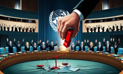 Ilustrasi editorial Dewan Keamanan PBB, satu tangan besar memegang cap veto merah menghalangi burung merpati perdamaian, melambangkan kegagalan hak asasi manusia.