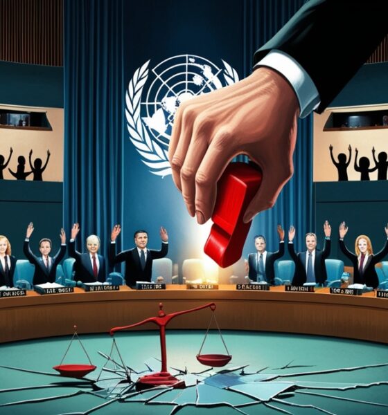 Ilustrasi editorial Dewan Keamanan PBB, satu tangan besar memegang cap veto merah menghalangi burung merpati perdamaian, melambangkan kegagalan hak asasi manusia.