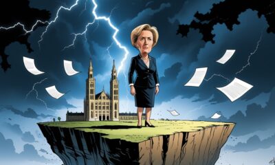 Ursula von der Leyen berdiri di tepi tebing rapuh berbentuk gedung Parlemen Eropa, dengan langit gelap dan petir, melambangkan ancaman mosi tidak percaya.