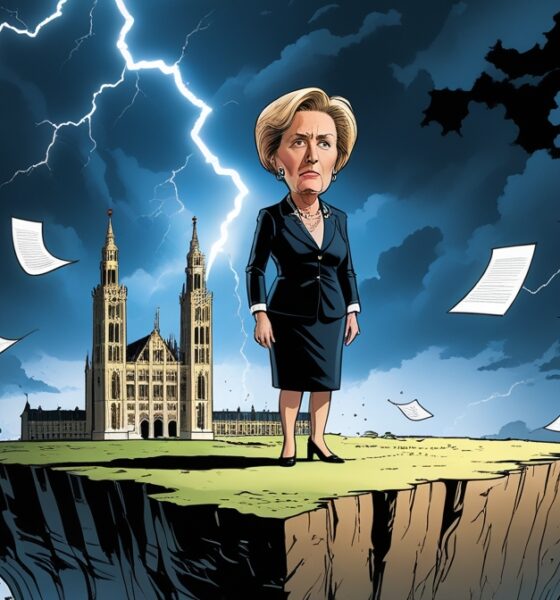 Ursula von der Leyen berdiri di tepi tebing rapuh berbentuk gedung Parlemen Eropa, dengan langit gelap dan petir, melambangkan ancaman mosi tidak percaya.