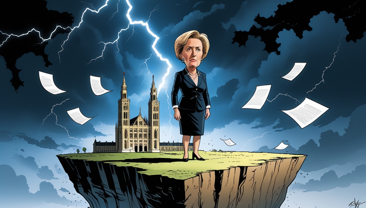 Ursula von der Leyen berdiri di tepi tebing rapuh berbentuk gedung Parlemen Eropa, dengan langit gelap dan petir, melambangkan ancaman mosi tidak percaya.