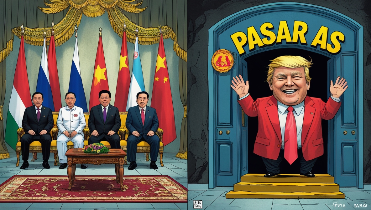 Ilustrasi editorial ASEAN mencari mitra dagang baru saat Amerika menutup pintunya