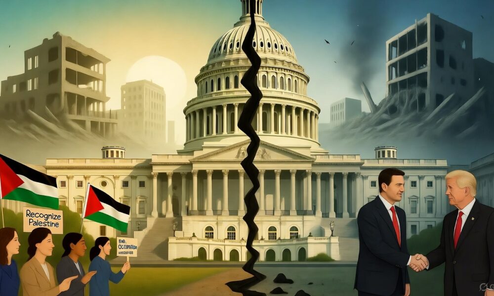 Illustration showing the U.S. Capitol divided over recognizing Palestine, reflecting Gaza’s destruction.