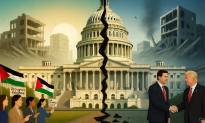 Illustration showing the U.S. Capitol divided over recognizing Palestine, reflecting Gaza’s destruction.