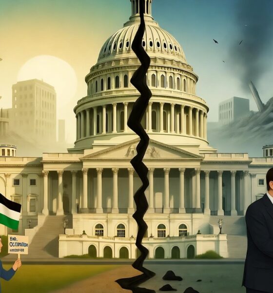 Illustration showing the U.S. Capitol divided over recognizing Palestine, reflecting Gaza’s destruction.
