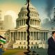 Illustration showing the U.S. Capitol divided over recognizing Palestine, reflecting Gaza’s destruction.