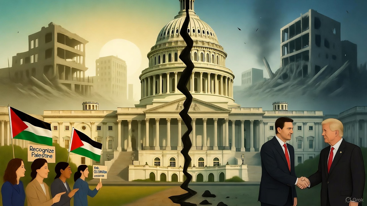 Illustration showing the U.S. Capitol divided over recognizing Palestine, reflecting Gaza’s destruction.