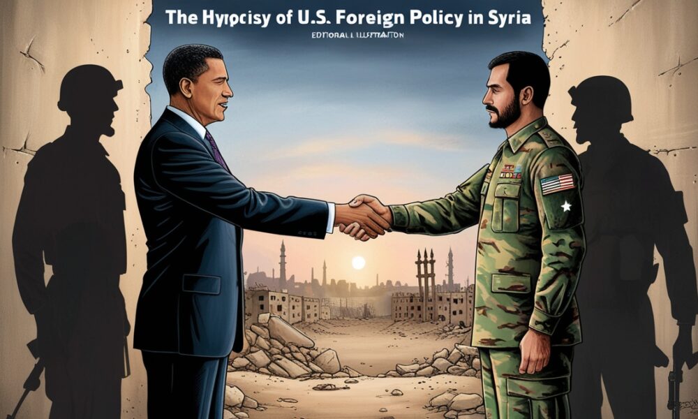 Ilustrasi editorial memperlihatkan diplomat AS dan pemimpin Suriah berjabat tangan, dengan bayangan mereka menyerupai dua militan bersenjata.