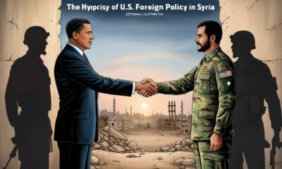 Ilustrasi editorial memperlihatkan diplomat AS dan pemimpin Suriah berjabat tangan, dengan bayangan mereka menyerupai dua militan bersenjata.