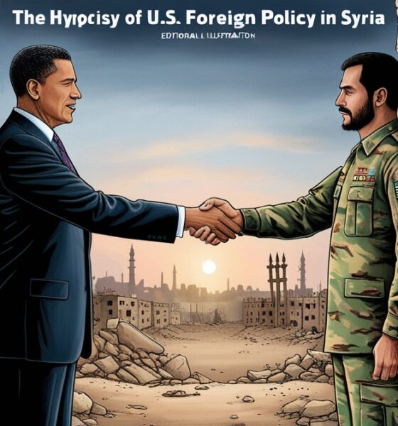 Ilustrasi editorial memperlihatkan diplomat AS dan pemimpin Suriah berjabat tangan, dengan bayangan mereka menyerupai dua militan bersenjata.