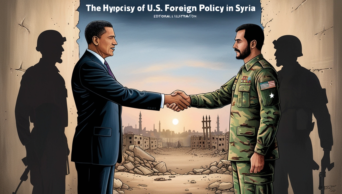 Ilustrasi editorial memperlihatkan diplomat AS dan pemimpin Suriah berjabat tangan, dengan bayangan mereka menyerupai dua militan bersenjata.