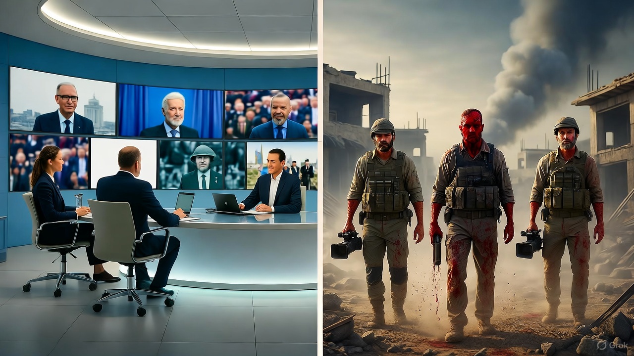 Kontras antara jurnalis propaganda di studio dan jurnalis lapangan di Gaza yang mempertaruhkan nyawa.