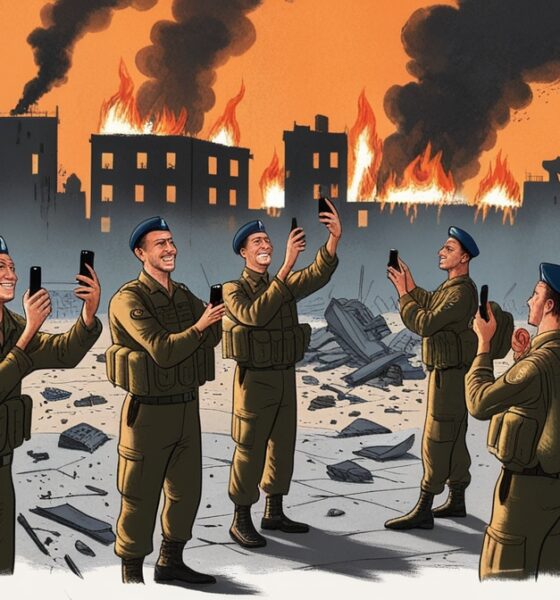 Israeli soldiers take photos as Gaza burns after the ceasefire.