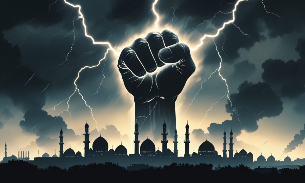Symbolic illustration of Tehran under storm clouds, representing Iran’s warning of retaliation