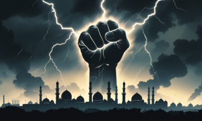 Symbolic illustration of Tehran under storm clouds, representing Iran’s warning of retaliation