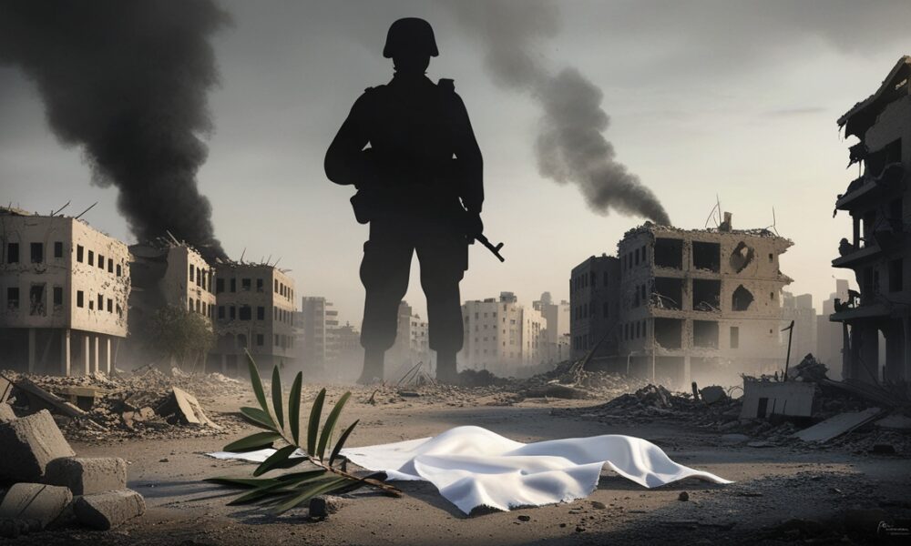 Ilustrasi simbolik tentang kehancuran Gaza dengan bayangan tentara di atas reruntuhan tanpa menampilkan sosok bersenjata.