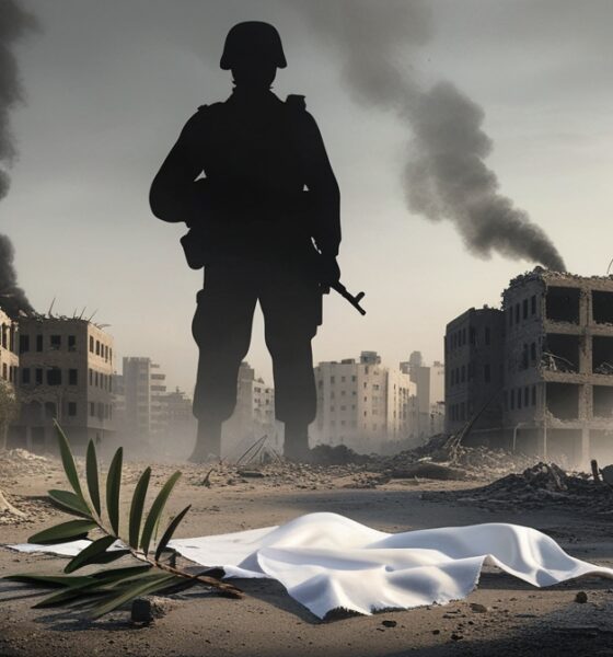 Ilustrasi simbolik tentang kehancuran Gaza dengan bayangan tentara di atas reruntuhan tanpa menampilkan sosok bersenjata.