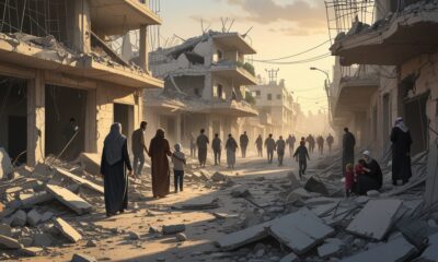 Realistic illustration of scattered Gaza civilians returning to ruins, searching and standing among debris.