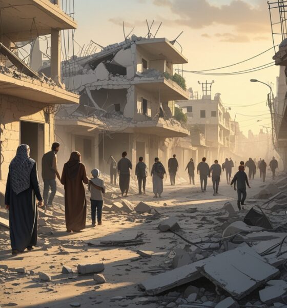 Realistic illustration of scattered Gaza civilians returning to ruins, searching and standing among debris.