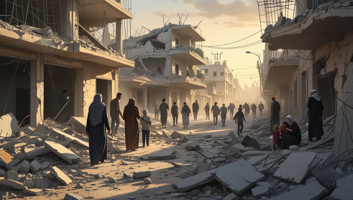Realistic illustration of scattered Gaza civilians returning to ruins, searching and standing among debris.