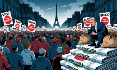 Ilustrasi satir protes besar di Paris menolak kebijakan austerity, dengan Menara Eiffel gelap dan pejabat menimbang anggaran pertahanan serta sosial.