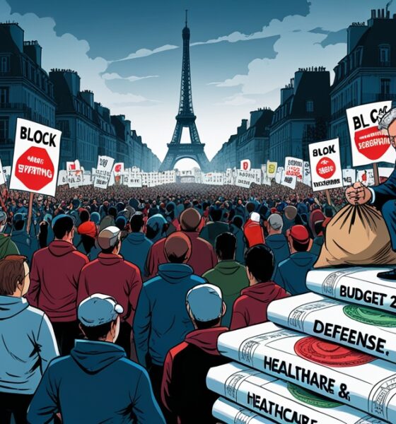 Ilustrasi satir protes besar di Paris menolak kebijakan austerity, dengan Menara Eiffel gelap dan pejabat menimbang anggaran pertahanan serta sosial.